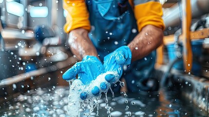 Careful sanitation practices on dairy farms, with farmers cleaning and disinfecting stalls to ensure the quality and safety of the milk produced. Dairy Farm activity background.