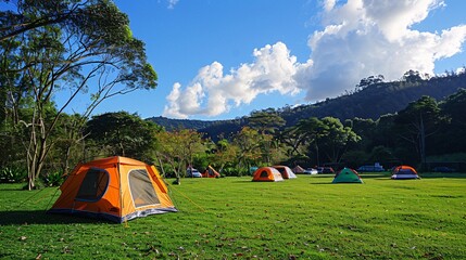 Camping site on the grass, tents set up in several areas of the camping area with a blue sky and white clouds, a green meadow surrounded by trees, overlooking distant hills, a grassland background,