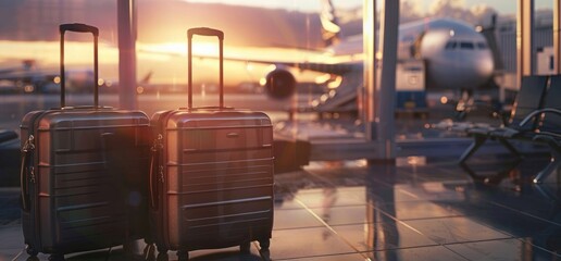 two modern suitcases in airport, blurry background of planes and windows at sunset, photorealistic,...