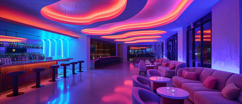Contemporary lounge with neon ceiling features and upscale seating