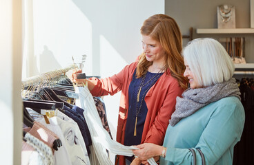 Senior woman, fashion and help with shopping for clothes, fabric or product advice and support with...