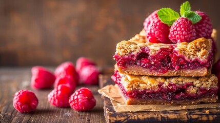 Raspberry pie bars on wooden rustic background