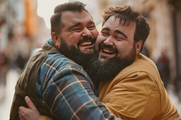 Plus Size Couple. Delighted Brunette Man Keeping Smile on His Face While Embracing His Friend

