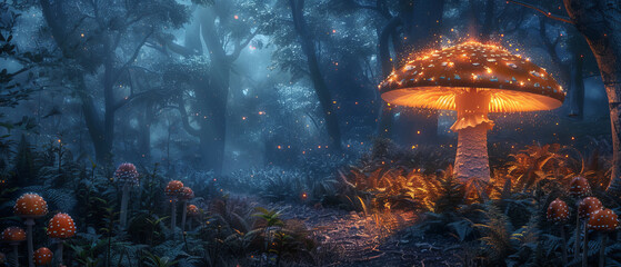 Dark forest illuminated by a single vibrant glowing bioluminescent mushroom