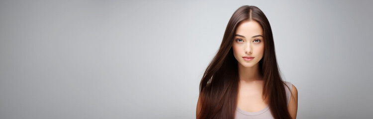 Fototapeta premium Model girl with shiny brown smooth healthy hair with long straight and glowing smooth skin, skin natural beauty for Care and hair products, Cosmetology concept, advertising natural cosmetics 