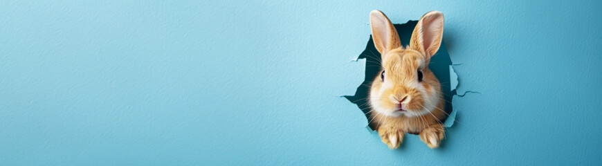 Obraz premium Happy Easter Day, bunny peeking out of a hole in paper wall, easter bunny banner, rabbit jump out torn hole 