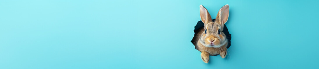 Happy Easter Day, bunny peeking out of a hole in paper wall, easter bunny banner, rabbit jump out torn hole 