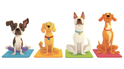 Cute cartoon vector style illustration of dogs doing yoga poses on colorful athletic mats isolated against a white background