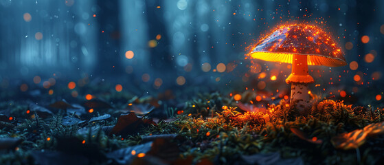 Naklejka premium Dense forest floor lit up by a single vibrant glowing bioluminescent mushroom in the dark