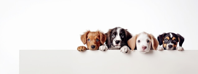 Cute different breeds dogs peeking out from behind white banner background, with copy space, blank for text ads, and graphic design.