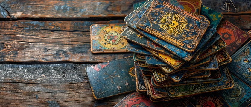 Detailed tarot card spread on a wooden table