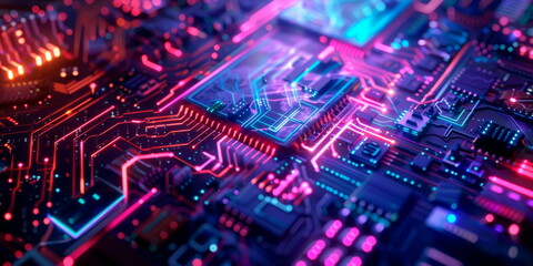 wavy background with digital pixels, circuit board patterns and colorful icons symbolizing innovation and progress