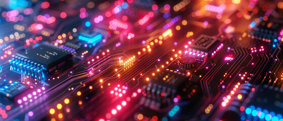 Fototapeta premium Dynamic closeup of hightech circuit board with multicolored lights
