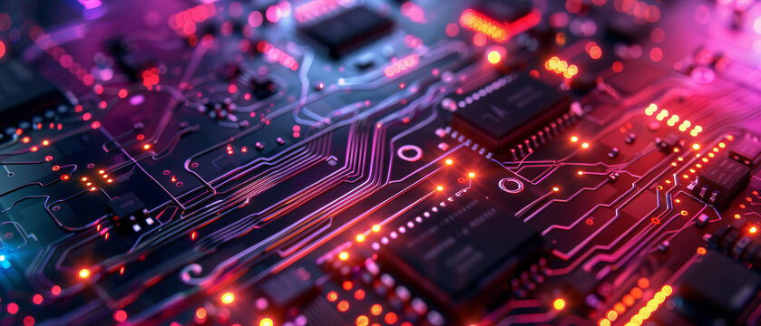 Dynamic high closeup of digital circuit board with multicolored lights