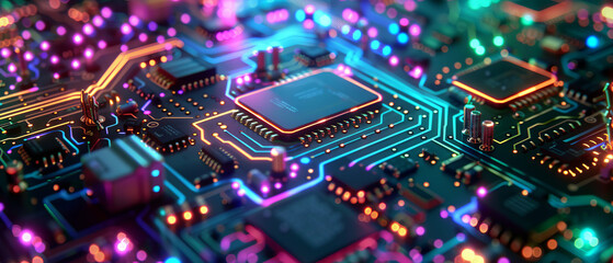 Obraz premium Dynamic visual of circuit board with glowing blue, green, and purple components