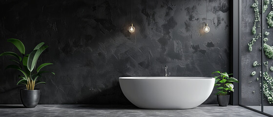 Elegant bathroom with a solid black wall and a white vanity, sharp fixtures
