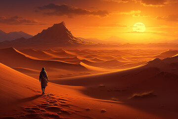 Illustration an Adventure crossing a rugged desert terrain, their silhouette against the golden sands under the blazing sun.