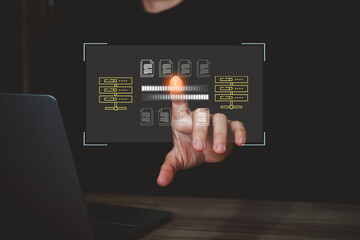 Businessman use laptop to download organizational information or documents. cloud storage technology, backup cyber security system.