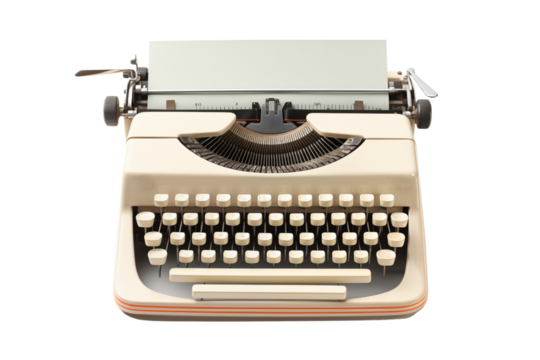 Vintage typewriter on a transparent background with a blank sheet of paper inserted.