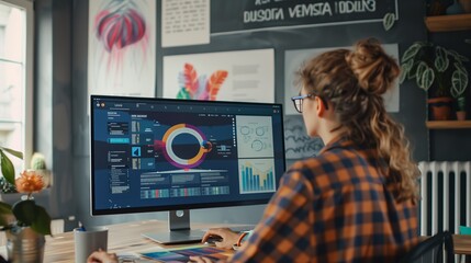 An artsy office corner has a blogger crafting an infographic on a large monitor, with an inspiring quote on the wall.