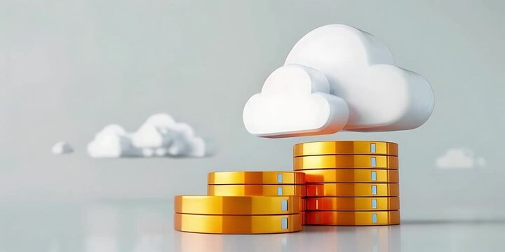 White Cloud Over Stacked Golden Disks Representing Cloud Storage Cloud Database Technology Concept Illustration