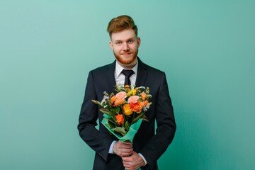 Young man in suit holding bouquet of flowers standing against a colored background