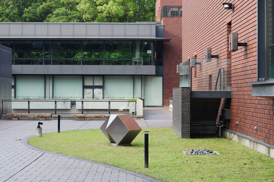 TOKYO, JAPAN - June 6, 2024: Detail of the Tokyo Metropolitan Art Museum, which is located in Ueno Park and was designed by Kunio Maekawa.