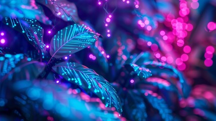 An abstract representation of a jungle made of neon lights and digital circuits, blending technology with nature, suitable for tech event flyers or futuristic art