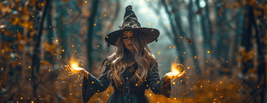 Long shot of an anonymous Halloween witch girl, casting spells with glowing magic in her hands, spooky dark magic forest background, photorealistic style, eerie atmosphere