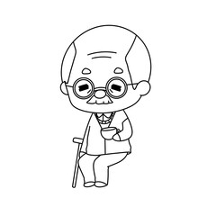 An old man with glasses is sitting in a chair with a cane