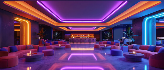 Elegant lounge with neon ceiling lights and luxury seating