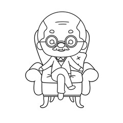 A cartoon man in glasses is sitting in a chair