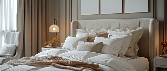 Elegant minimalist bedroom with luxury bedding and soft tones