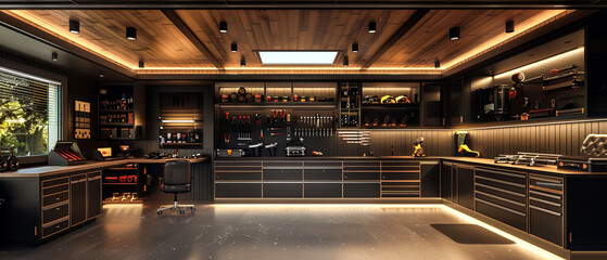 Elegant minimalist garage with luxury finishes and organized tools
