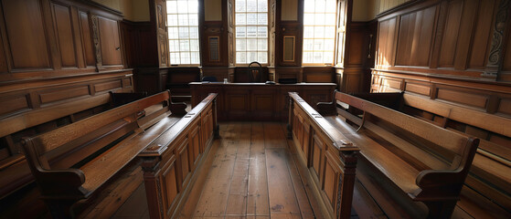 Empty jury box with wooden dividers and seats