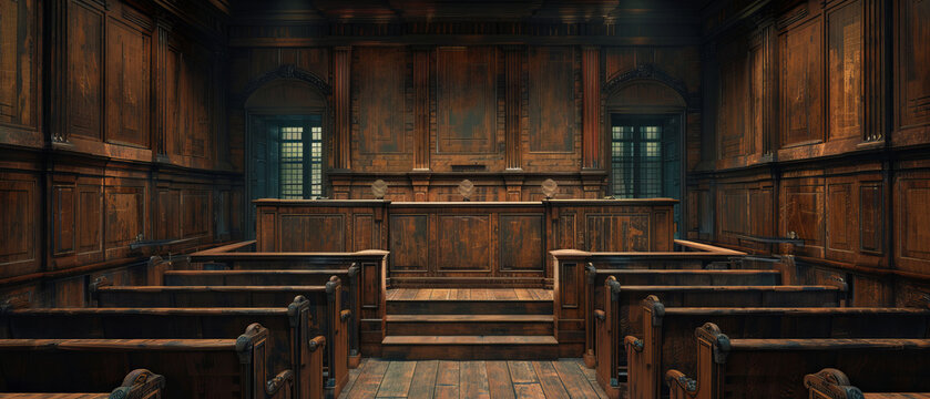 Empty jury box with wooden dividers and seats