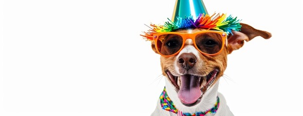 Fototapeta premium Low-angle view of a funny party dog, wearing a colorful summer hat and stylish sunglasses, isolated on a white background, ample copyspace, photorealistic digital illustration