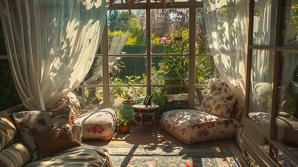 A sunroom with a garden view, featuring a cozy seating area, floral cushions, and sunlight filtering through sheer curtains