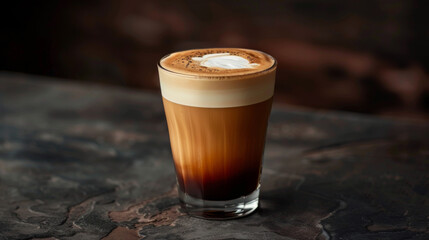Product photo of nitro cold brew coffee, on wooden table top surface, isolated on white background. studio lighting.	

