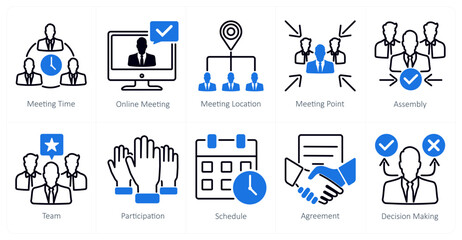 A set of 10 meeting icons as meeting time, online meeting, meeting location