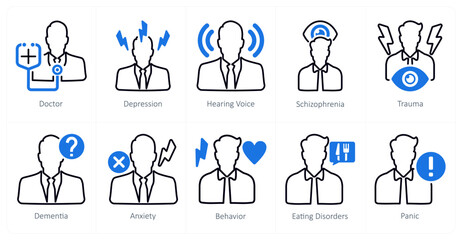 A set of 10 mental health icons as doctor, depression, hearing voice