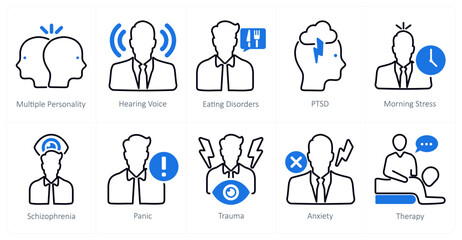 A set of 10 mental health icons as multiple personality, hearing voice, eating disorders