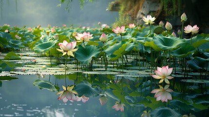 A serene pond with blooming lotus flowers reflects vibrant colors in the golden morning sun, creating tranquility.