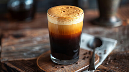 Product photo of nitro cold brew coffee, on wooden table top surface, isolated on white background. studio lighting.	
