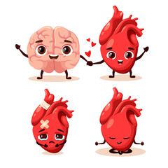 Set of cute organs in cartoon style. Brain and heart.