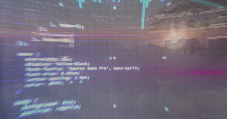 Image of data processing over woman's blue eye