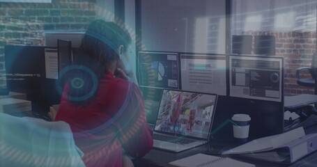 Image of data processing over caucasian businesswoman wearing vr phone headset