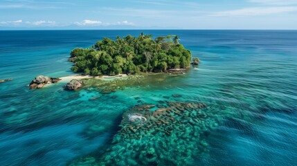 Naklejka premium A lush tropical island surrounded by crystal-clear azure waters offers a serene escape from daily life.