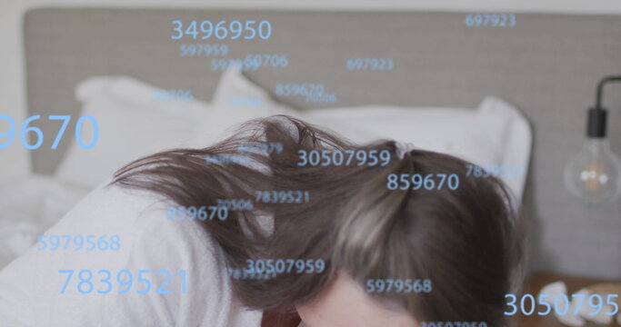 Image of numbers over senior caucasian woman coughing - Powered by Adobe