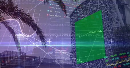 A stock market display, with red, blue, and green tickers and graphs